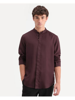 Rare Rabbit - Wine Linen Blend Full Sleeves Regular Fit Mandarin Neck Solid Shirt
