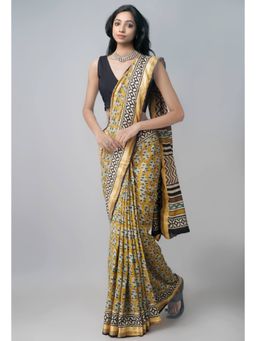 Unnati Silks - Yellow Pure Bagru Mulmul Cotton Saree with Unstitched Blouse