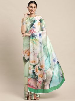 VAIRAGEE - Green and Pink Floral Printed Saree with Unstitched Blouse