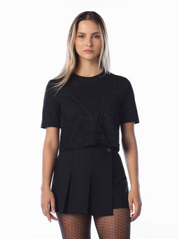 ONLY - Women Black Self Design Cotton T-Shirt
