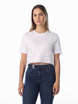 ONLY - Women White Self Design Cotton T-Shirt