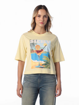 ONLY - Women Yellow Graphic Cotton T-Shirt