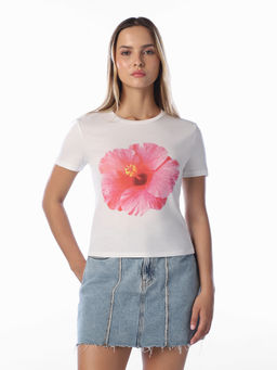 ONLY - Women White Floral Cotton T-Shirt