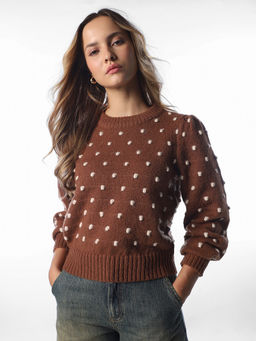 ONLY - Women Brown Polka Dots Polyester Blend Sweater