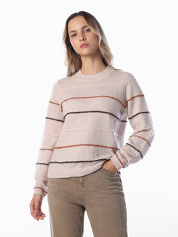 ONLY - Women Beige Stripes Polyester Blend Sweater