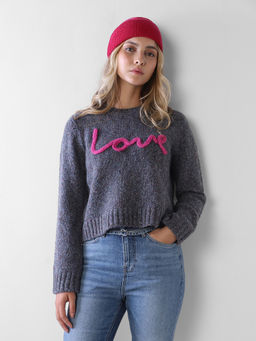 ONLY - Women Grey Embroidered Polyester Blend Sweater