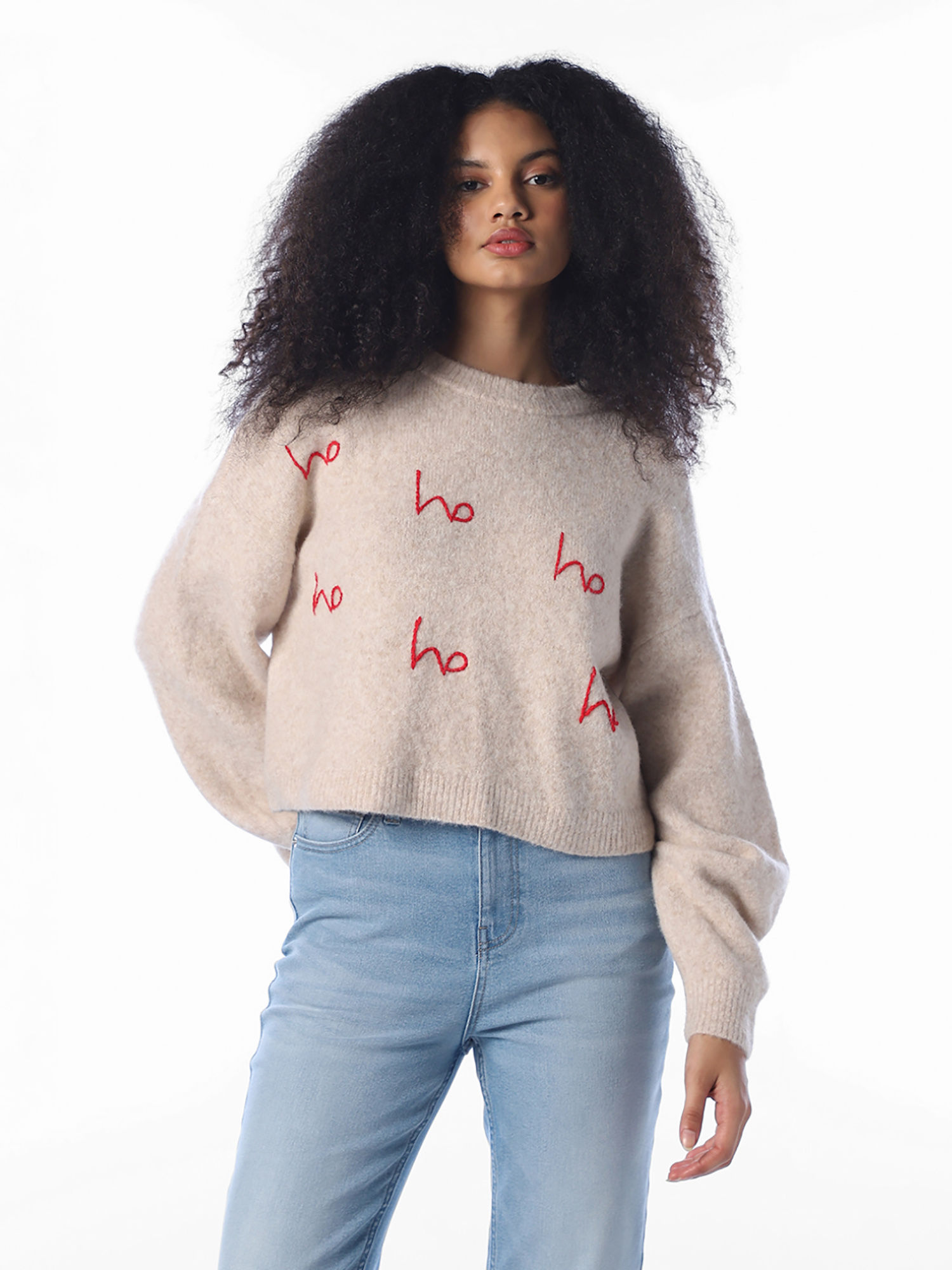 only Women Beige Embroidered Polyester Blend Sweater-picture-17