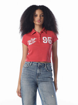 ONLY - Women Red Typography Cotton Polo T-Shirt