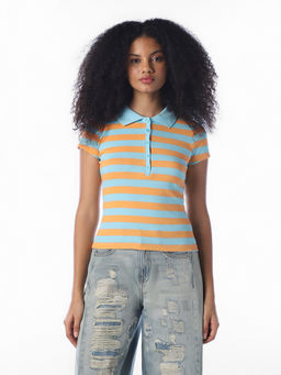 ONLY - Women Multi-Color Stripes Cotton Polo T-Shirt