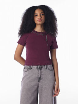 ONLY - Women Purple Textured Cotton T-Shirt
