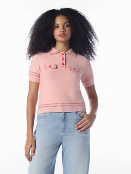 ONLY - Women Peach Solid/Plain Cotton Polo T-Shirt