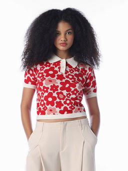 ONLY - Women Red Floral Cotton Polo T-Shirt