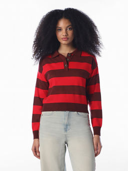 ONLY - Women Brown Stripes Viscose Blend Polo T-Shirt