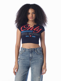 ONLY - Women Navy Blue Typography Cotton Blend T-Shirt