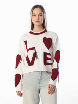 ONLY - Women White Embroidered Cotton Sweater