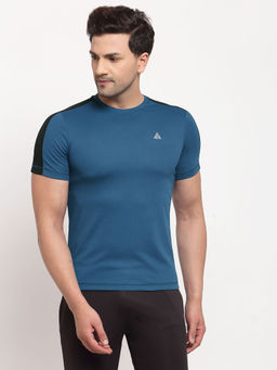 Athlisis - Men Blue Black Shoulder Panelled Round Neck Training T-shirt