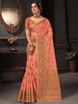 EXCLUSIVA - Peach Cotton Saree with Unstitched Blouse