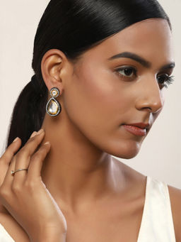 Ruby Raang Studio - Nai Fiza Dual Tone American Diamond Embellished Round and Tear Drop Earrings