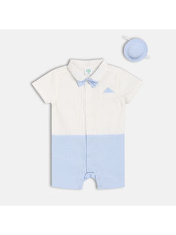MINI KLUB - Cotton Half Sleeves Colourblocked Romper with Cap White & Blue (Set of 2)