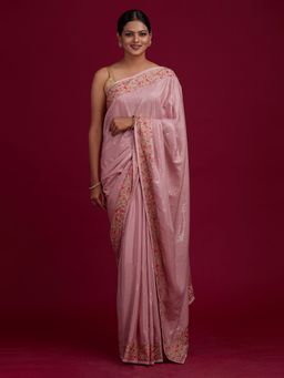 Koskii - Baby Pink Threadwork Semi Crepe Designer Saree with Unstitched Blouse