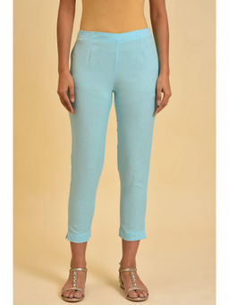 W - Blue Solid Cotton Flax Slim Pant