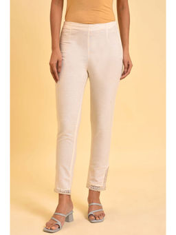 W - Ecru Solid Slim Pant With Lace On Hem