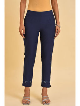 W - Navy Blue Cotton Slim Pant With Embroidered Hem