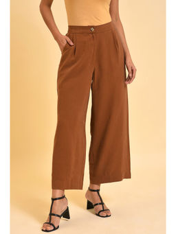 W - Brown Wide-leg Pleated Trouser Pant