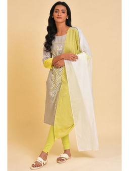 W - Light Green And White Colour Block Dupatta