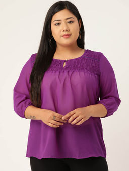 theRebelinme - Plus Size Womens Purple Solid Color Smocked Sheer Top