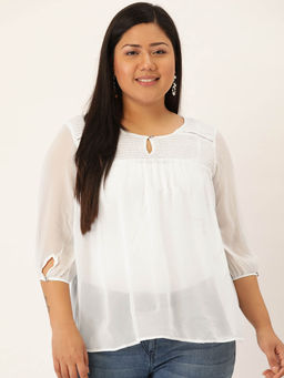 theRebelinme - Plus Size Womens White Solid Color Smocked Sheer Top