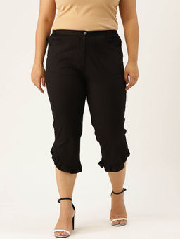 theRebelinme - Plus Size Womens Black Solid Color Frill Detail Calf Length Capris