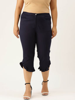 theRebelinme - Plus Size Womens Navy Blue Solid Color Frill Detail Calf Length Capris