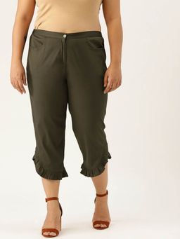 theRebelinme - Plus Size Womens Olive Solid Color Frill Detail Calf Length Capris