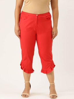 theRebelinme - Plus Size Womens Red Solid Color Frill Detail Calf Length Capris