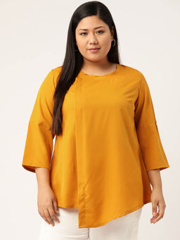 theRebelinme - Plus Size Womens Mustard Solid Color Asymmetric A-line Top