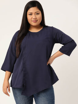 theRebelinme - Plus Size Womens Navy Blue Solid Color Asymmetric A-line Top