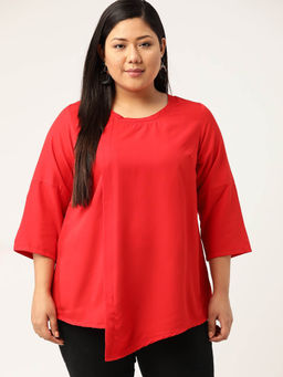 theRebelinme - Plus Size Womens Red Solid Color Asymmetric A-line Top