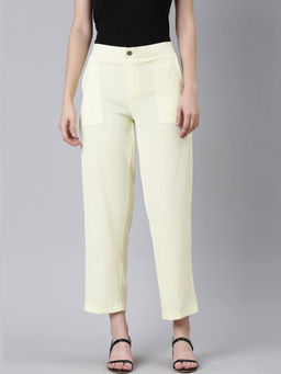 SHOWOFFFF - Womens Flat-Front Straight Fit Yellow Solid Regular Trousers
