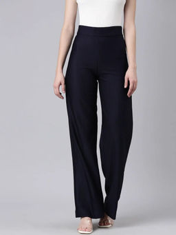 SHOWOFFFF - Womens Flat-Front Straight Fit Navy Blue Striped Parallel Trousers