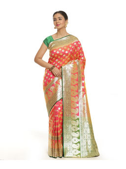 Banarasi Silk Works - Women Pink Booti Satin Saree with Unstitched Blouse