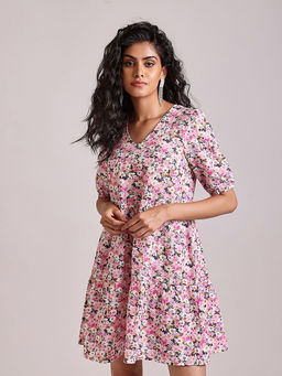 Cover Story - Multi-Color Mini Garden Skater Dress