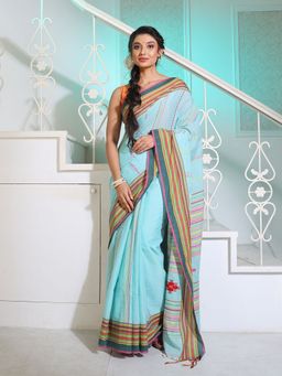 CHARUKRITI - Blue Cotton Handspun Handwoven Saree with Stripes Pattern with Unstitched Blouse