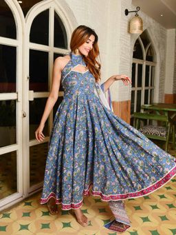 Label Aditi Hundia - High Neck Blue and Pink Anarkali (Set of 3)