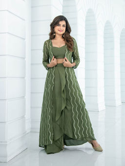 Label Shaurya Sanadhya - Olive Skirt Dhoti with Jacket & Crop Top (Set of 3)