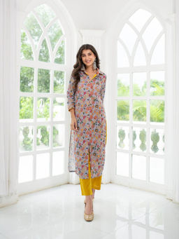 Label Shaurya Sanadhya - Grey Embroidered Cotton Kurta with Pant & Dupatta (Set of 2)