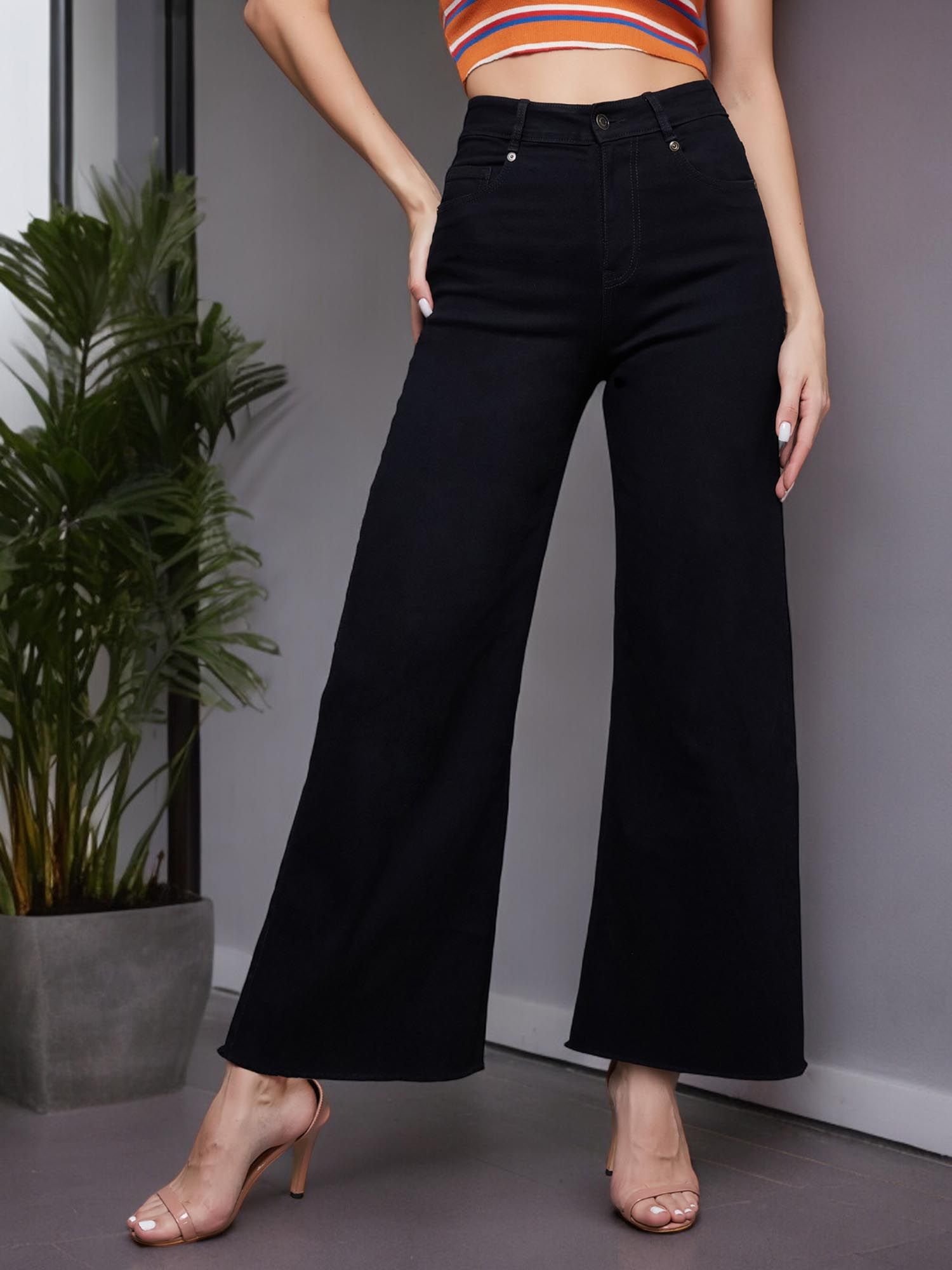 miss chase Womens Black High Rise Clean Look Stretchable Wide Leg Denim Jeans-picture-39
