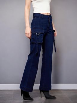 Miss Chase - Womens Navy Blue Bootcut High Rise Clean Look Stretchable Denim Jeans