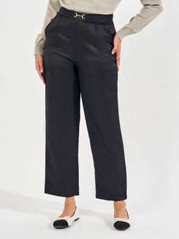 Styli - Women Black Solid High Rise Straight Leg Trouser