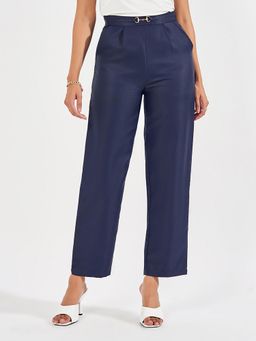 Styli - Women Navy Blue Solid High Rise Straight Leg Trouser